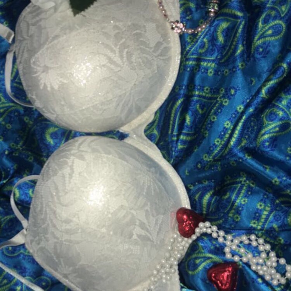 A white lace Bombshell Victoria’s Secret bra.